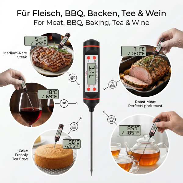 Digitales LCD Kochthermometer Einstichthermometer Küchenthermometer (einsetzbar für Fleisch, Braten, Backen, Bier, Wein usw.)